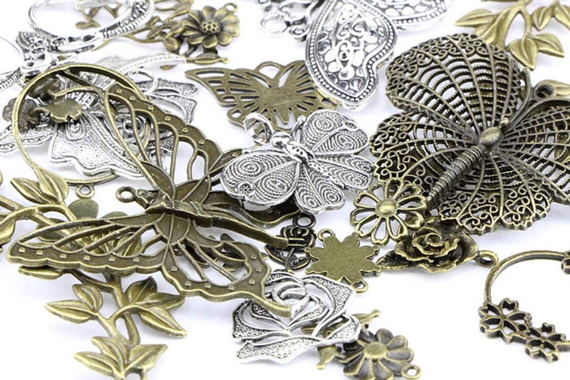 Kinteshun Butterfly Flower Leaf Charm Pendant for DIY Jewelry Making Accessaries(29pcs,Silver&Bronze Tones) - Image 5
